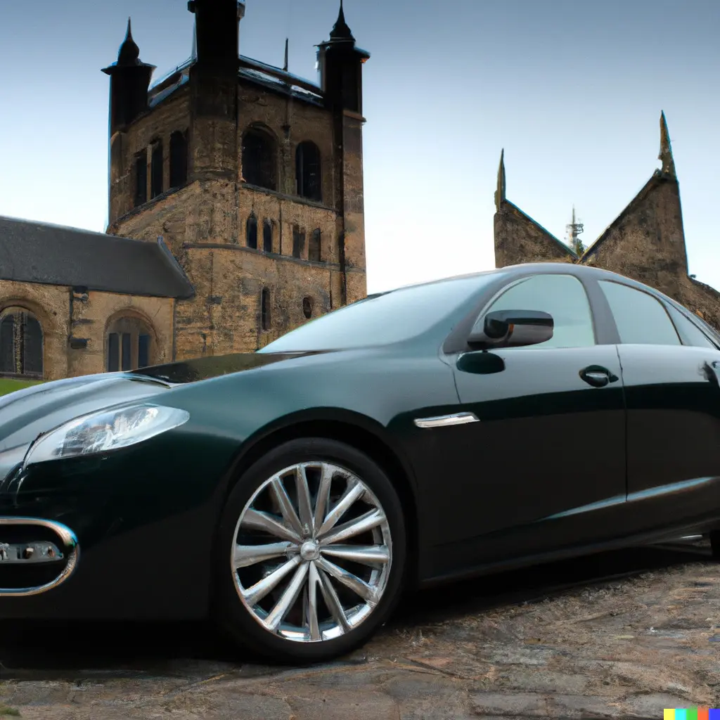 Une image générée par l'IA d'une voiture Jaguar devant la cathédrale de Durham 