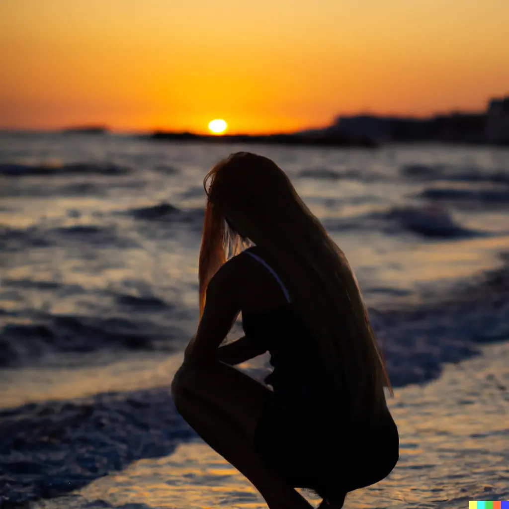 Image générée par IA d'une jeune femme sur une plage au coucher du soleil