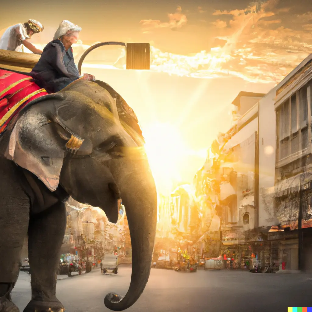 Femme chevauchant un éléphant dans une rue de la ville au coucher du soleil.  Généré par l'IA