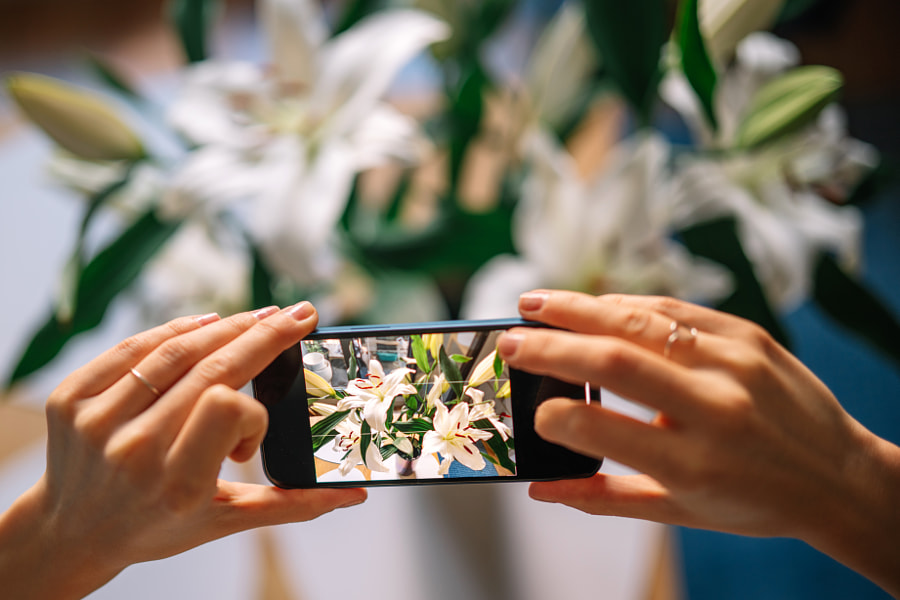 Mains coupées d'une femme photographiant des fleurs sur un téléphone portable par Olha Dobosh sur 500px.com